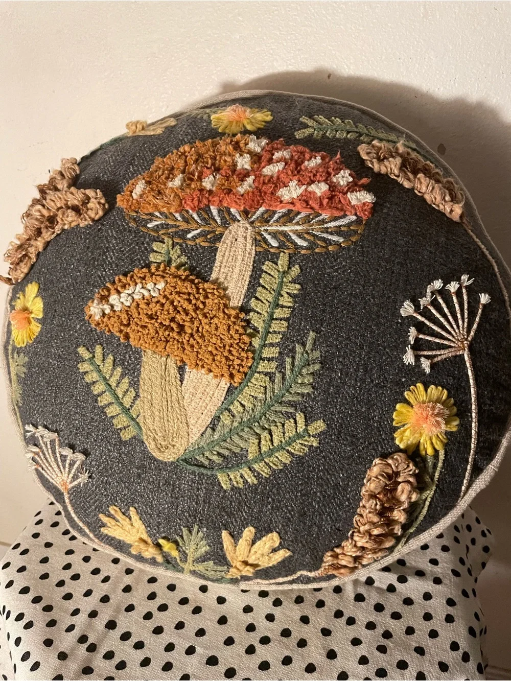 Embroidered Mushroom Round Pillow — Charcoal with Rust & Mustard Accents